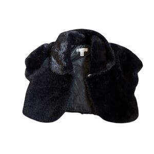 Tahari Black Faux Fur Cape with Crystal Button